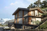 This modern mountain home boasts stunning architectural design with natural wood accents and a stone foundation.