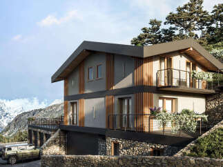 This modern mountain home boasts stunning architectural design with natural wood accents and a stone foundation.
