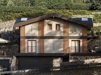 This modern mountain home features a unique facade with vertical wood slats and neutral siding, complemented by a dark roof and window frames.