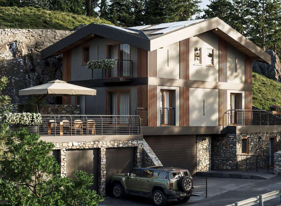 Discover a modern mountain retreat featuring a blend of natural stone and wood accents.