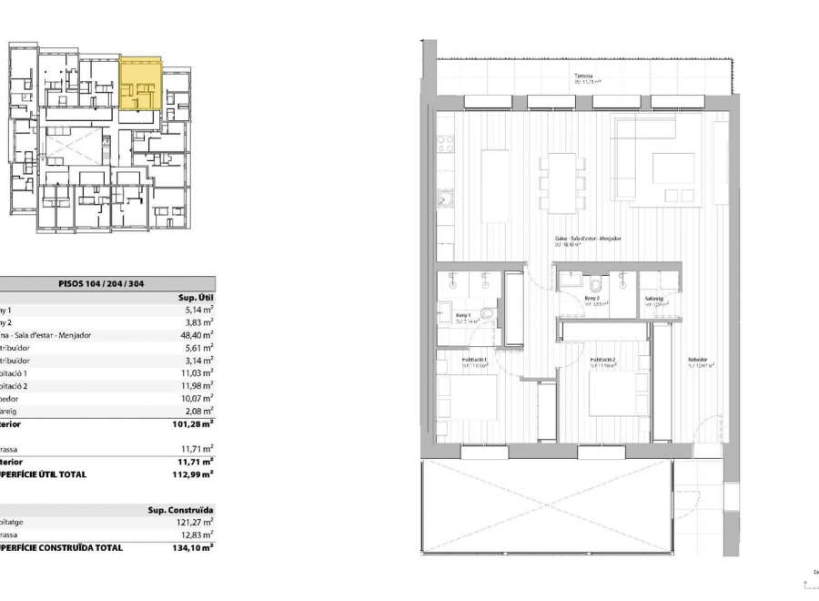 This stunning property boasts 113 square meters of living space, including a spacious living/dining area and two bedrooms.