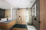 Modern bathroom with walk-in shower, sleek fixtures, and wooden vanity.