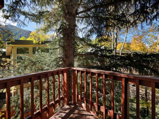 Enjoy breathtaking mountain views from this charming deck, nestled amongst towering trees.