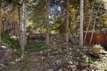 Discover a secluded oasis nestled in the woods, featuring a unique rock wall and whimsical garden art.