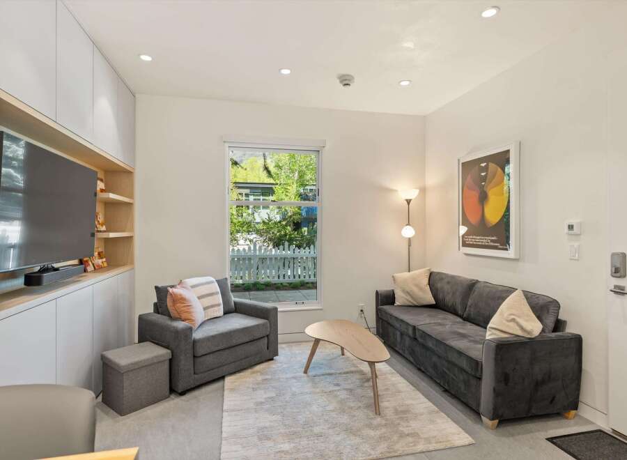 Modern living room with built-in entertainment center, comfortable sofa, and large window offering natural light.