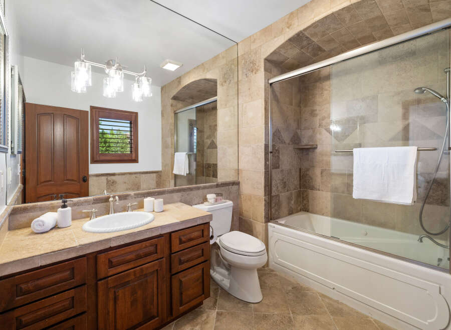 This luxurious bathroom boasts a spacious shower with glass enclosure and a modern vanity with ample storage.