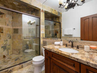This luxurious bathroom boasts a spacious shower with glass enclosure and multi-toned stone tile.