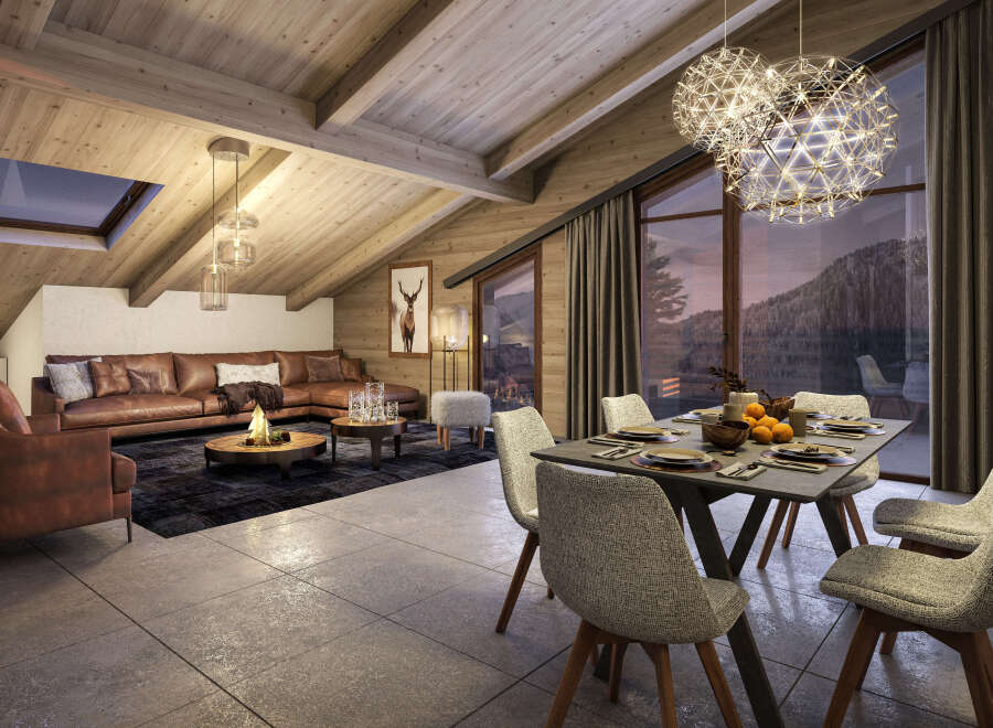This stunning chalet boasts a spacious open-plan living area with a cozy fireplace, perfect for relaxing after a day on the slopes.