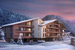 Luxury apartments nestled in a stunning snowy mountain setting.