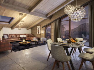This stunning chalet boasts a spacious open-plan living area with a cozy fireplace, perfect for relaxing after a day on the slopes.
