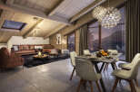 This stunning chalet boasts a spacious open-plan living area with a cozy fireplace, perfect for relaxing after a day on the slopes.