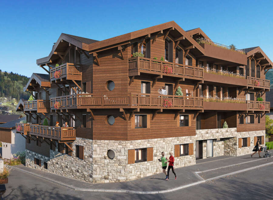 This stunning chalet-style apartment building boasts breathtaking mountain views and luxurious amenities.