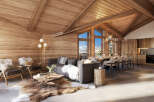 This stunning chalet boasts a spacious open-plan living area with floor-to-ceiling windows offering breathtaking mountain views.