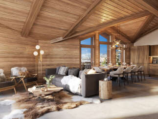 This stunning chalet boasts a spacious open-plan living area with floor-to-ceiling windows offering breathtaking mountain views.