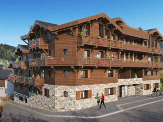This stunning chalet-style apartment building boasts breathtaking mountain views and luxurious amenities.