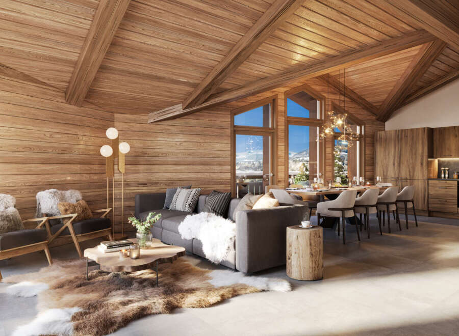 This stunning chalet boasts a spacious open-plan living area with floor-to-ceiling windows offering breathtaking mountain views.