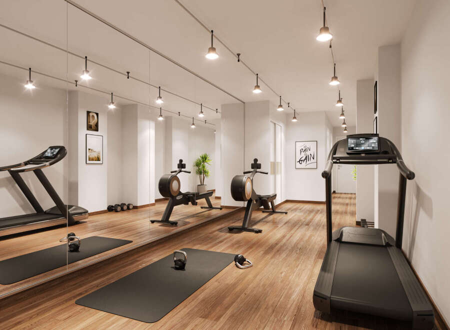 Luxury apartment gym with state-of-the-art equipment.