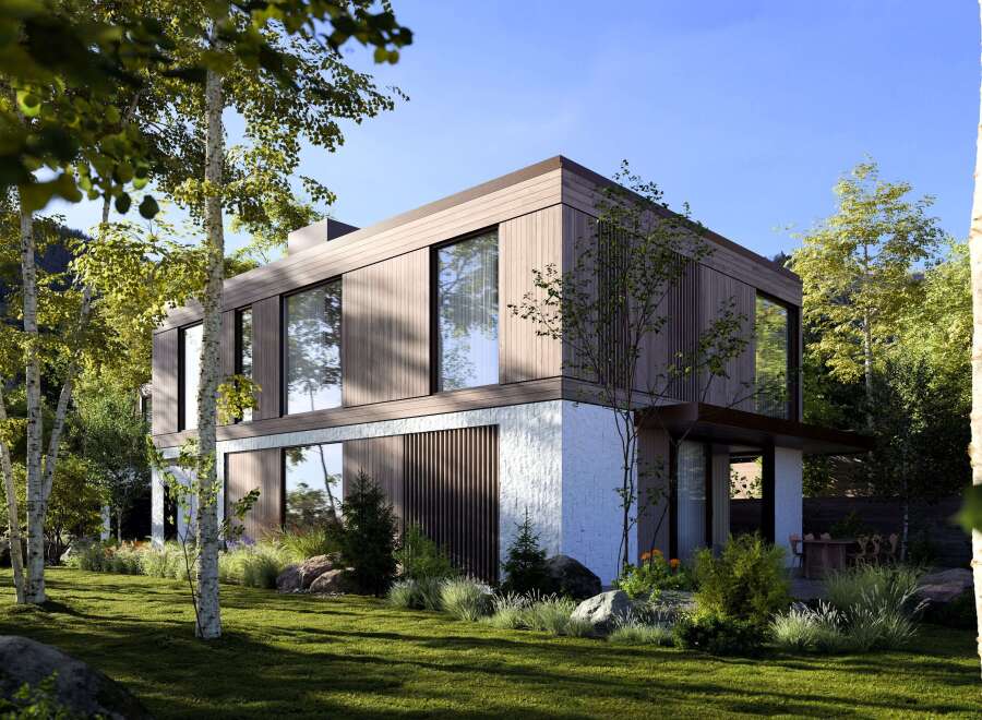 Stunning modern home nestled in a lush forest setting.