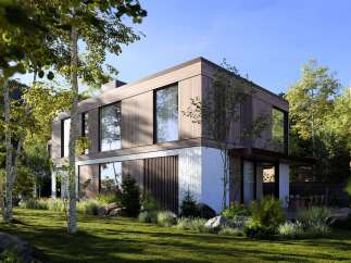 Stunning modern home nestled in a lush forest setting.