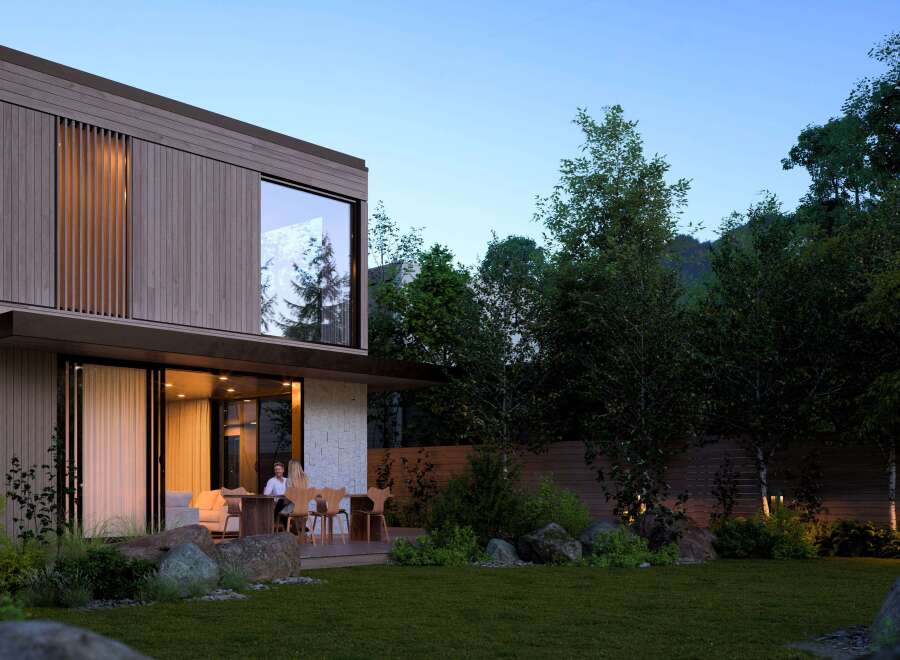 Stunning modern home nestled in a lush forest setting.