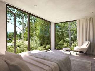 Wake up to breathtaking views from this luxurious bedroom, featuring floor-to-ceiling windows showcasing lush greenery.