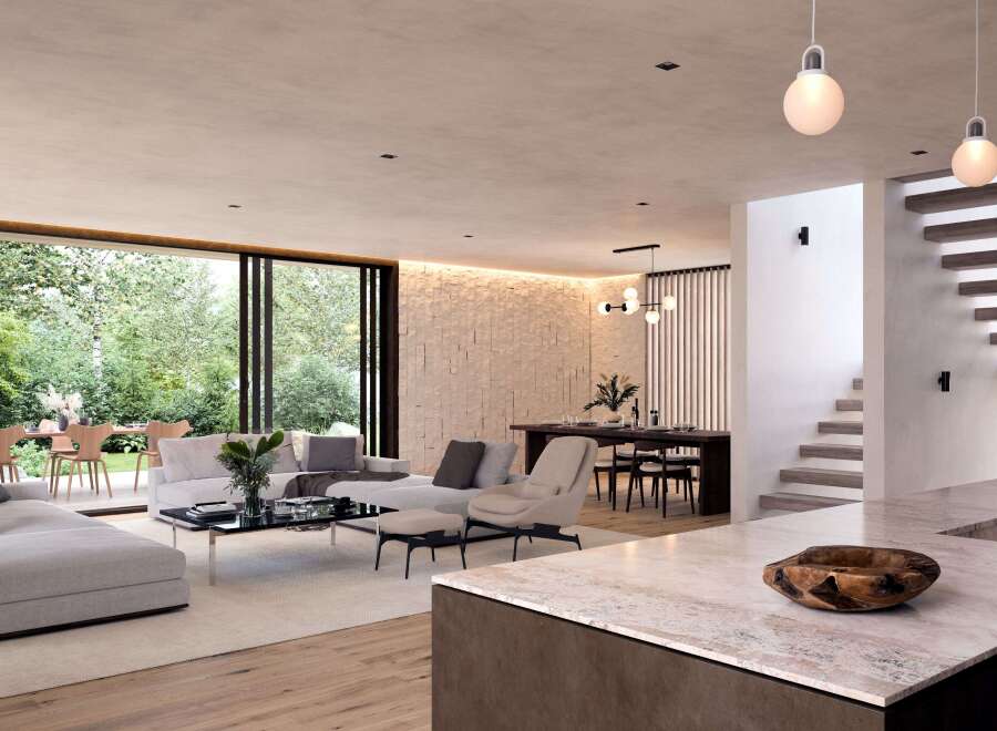 Stunning modern home boasts an open floor plan with floor-to-ceiling windows showcasing a lush garden view.