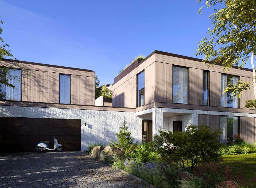 Stunning modern home nestled in a lush landscape, featuring a spacious garage and a sleek design.