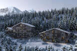 Luxury chalet apartments nestled in a snowy mountainside forest.