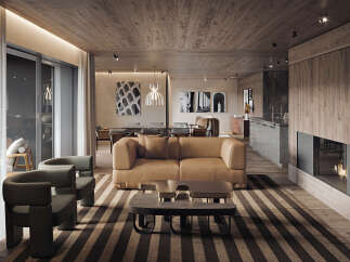 Luxurious apartment boasting a spacious living area with a beige leather sofa, modern coffee table, and stylish armchairs.