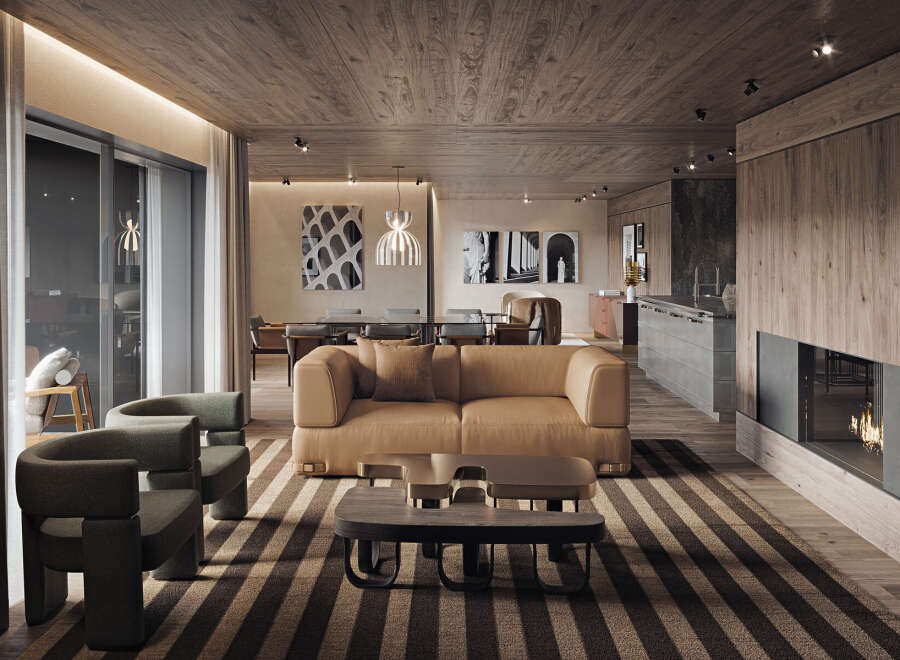 Luxurious apartment boasting a spacious living area with a beige leather sofa, modern coffee table, and stylish armchairs.