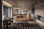 Luxurious apartment boasting a spacious living area with a beige leather sofa, modern coffee table, and stylish armchairs.