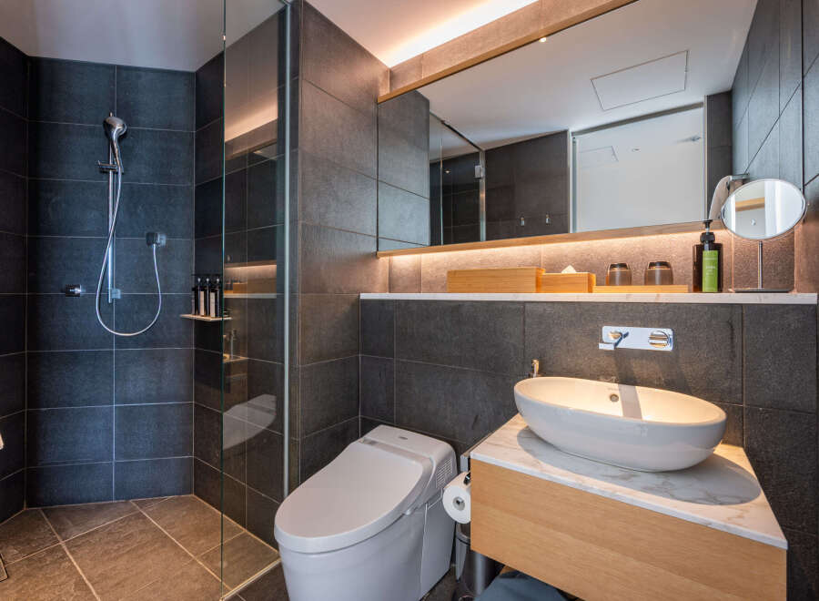 Modern bathroom with a sleek, minimalist design.