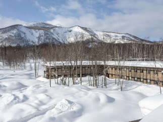 Nestled in a snowy mountain landscape, this charming lodge offers breathtaking views and cozy accommodations.