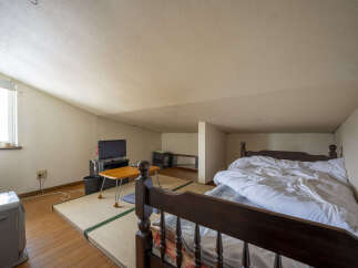 Cozy attic bedroom with tatami mats, a wooden bed frame, and a small TV.