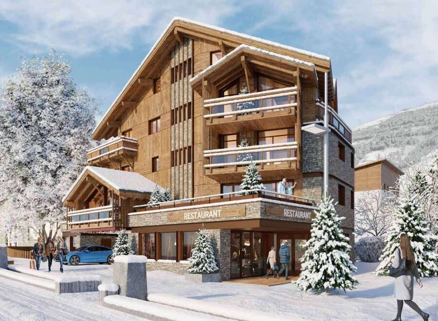 Luxury ski resort hotel with stunning mountain views.