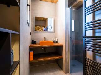 Modern bathroom with stylish orange sink and wooden shelving.