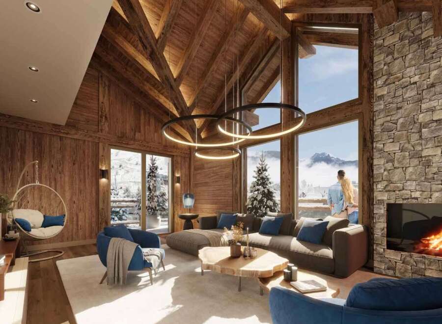 Luxury chalet with stunning mountain views and spacious living area.