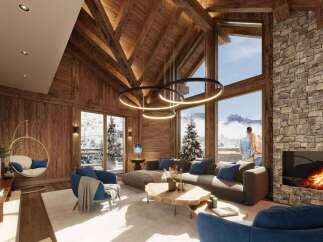 Luxury chalet with stunning mountain views and spacious living area.