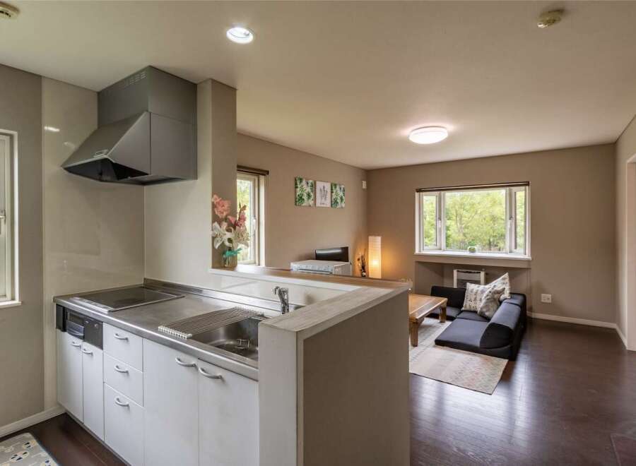 Cozy apartment with modern kitchen and open living area.