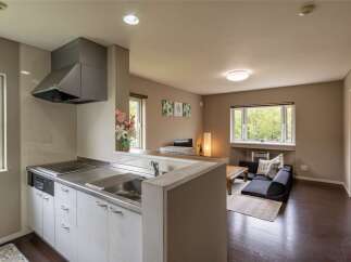 Cozy apartment with modern kitchen and open living area.