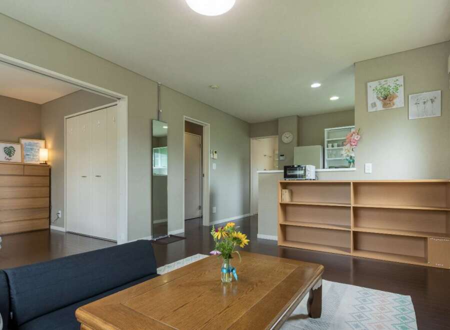 Cozy apartment featuring a modern kitchen, built-in shelving, and a relaxing living area.