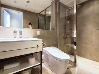 Modern bathroom with sleek white vanity, built-in shelving, and a frameless glass shower enclosure.