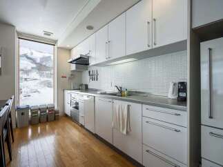 Modern kitchen with snowy mountain views.