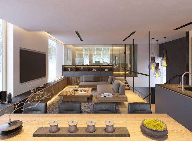 Stunning modern living space with floor-to-ceiling windows offering breathtaking views.