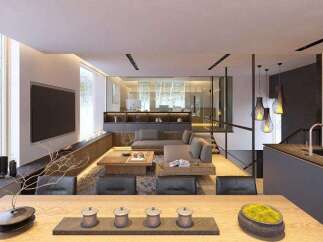 Stunning modern living space with floor-to-ceiling windows offering breathtaking views.