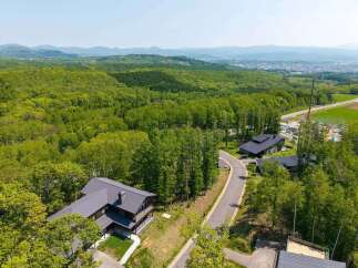 Luxury homes nestled in a serene forest setting, offering breathtaking mountain views.