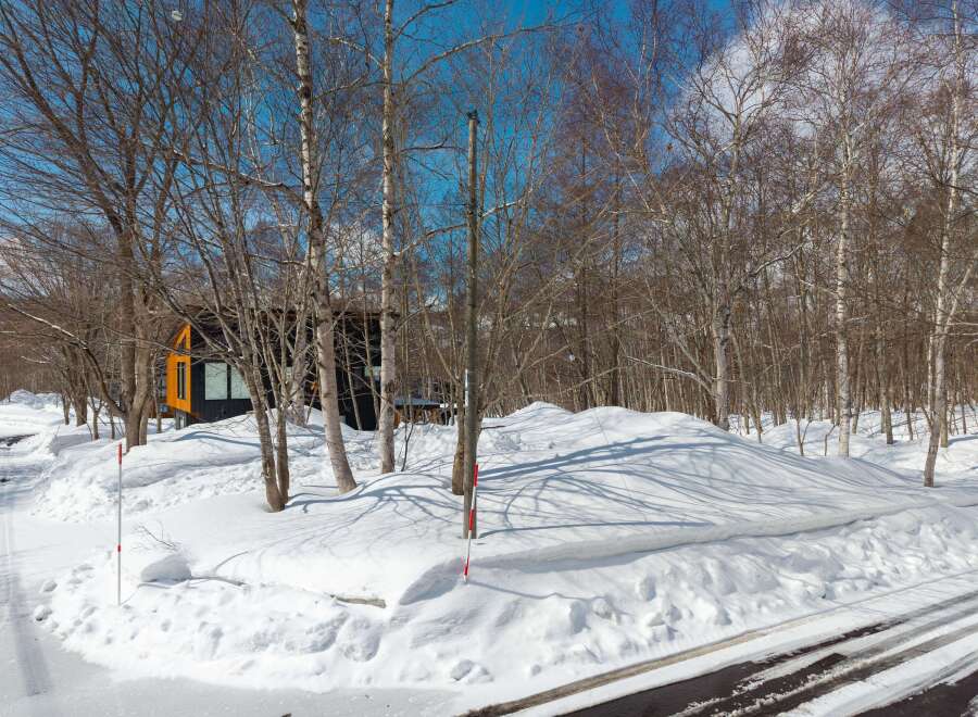 This stunning winter landscape features a modern cabin nestled amongst snow-covered trees.