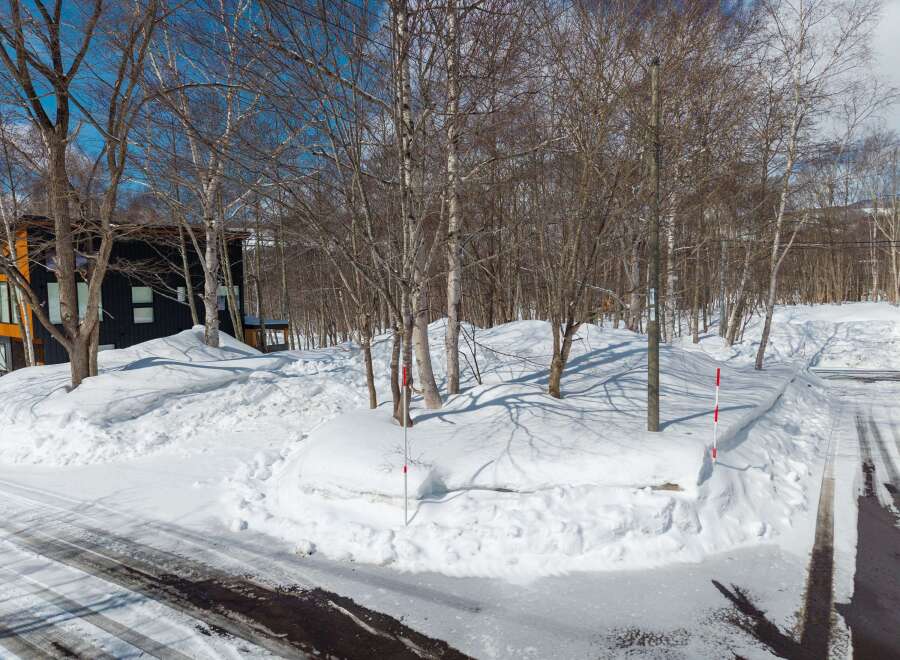 This stunning property boasts a modern, architecturally unique home nestled in a snowy, wooded landscape.