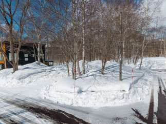 This stunning property boasts a modern, architecturally unique home nestled in a snowy, wooded landscape.