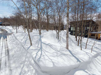 This stunning property boasts a modern, black-exterior home nestled amongst snow-covered trees.